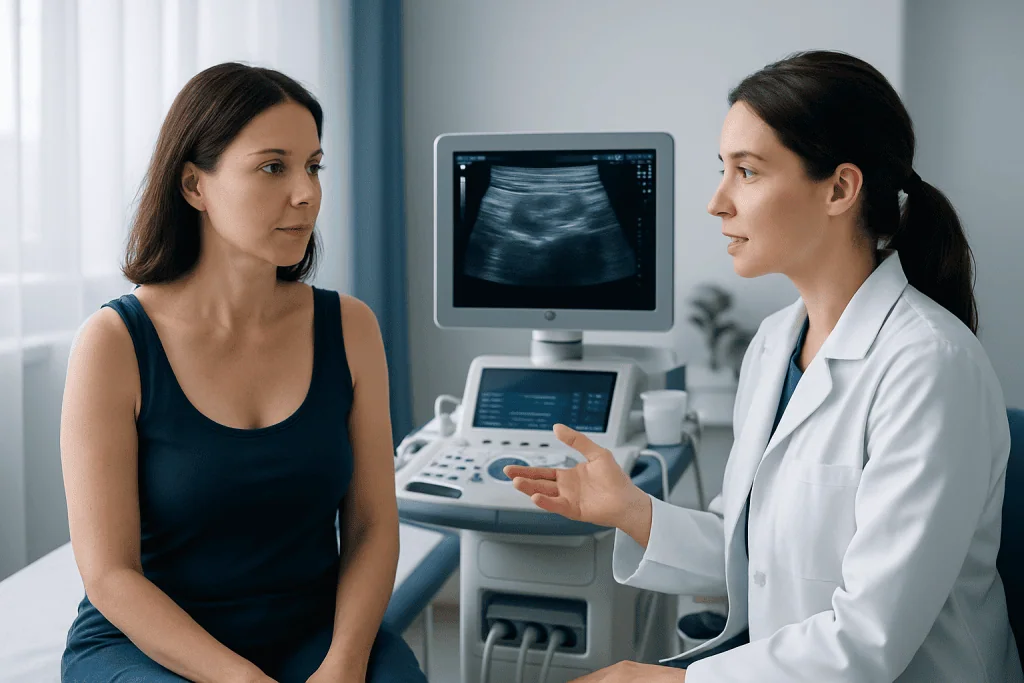 Doctor explaining breast ultrasound results to patient in clinic.