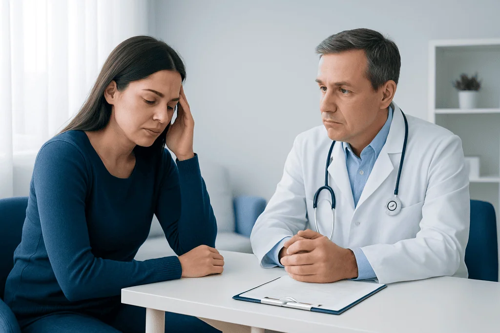Doctor consulting with a woman patient in a medical office setting.