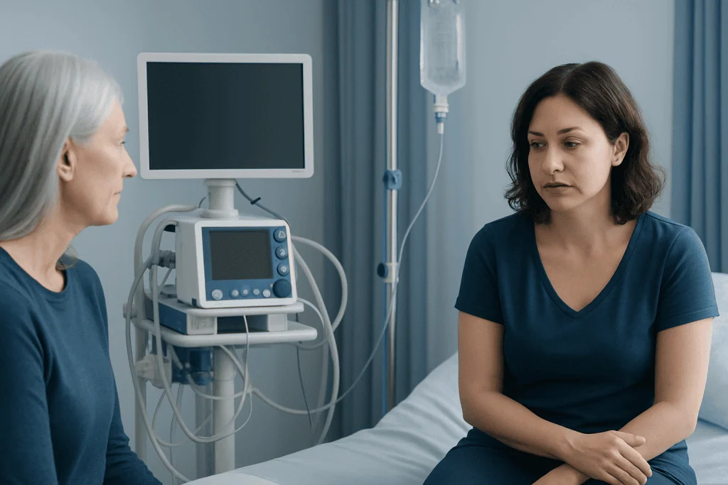 Doctor consulting a patient in a hospital room with medical equipment.