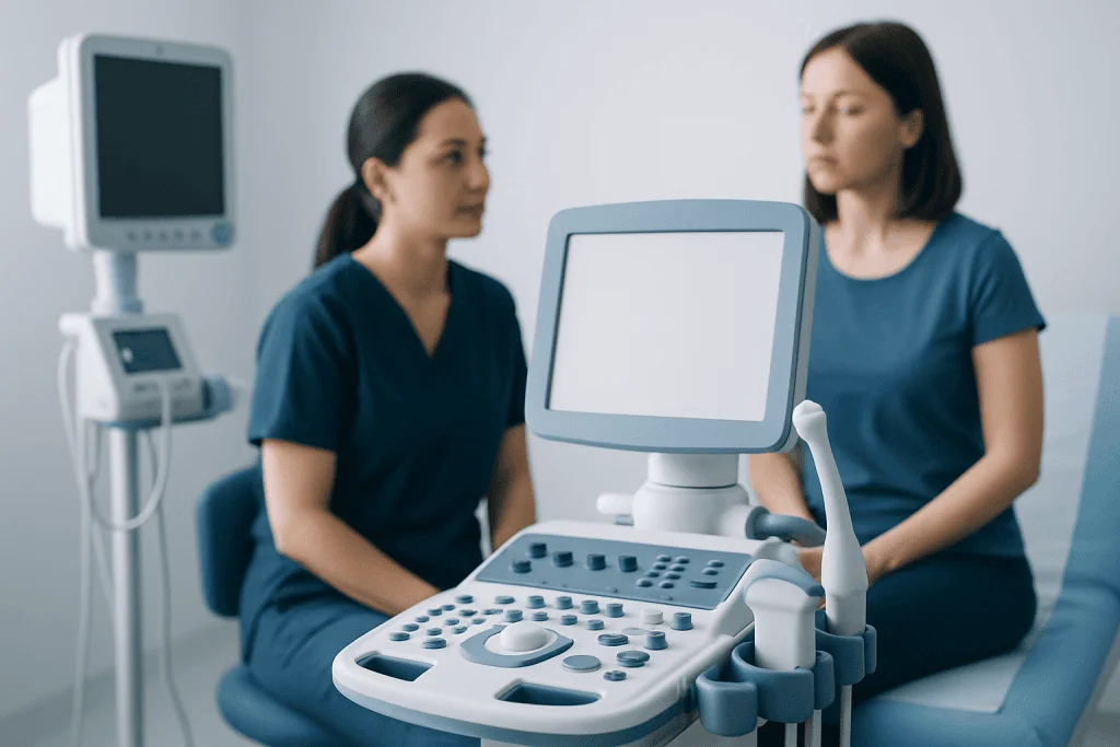Medical consultation with ultrasound device at Acibadem Hospital.