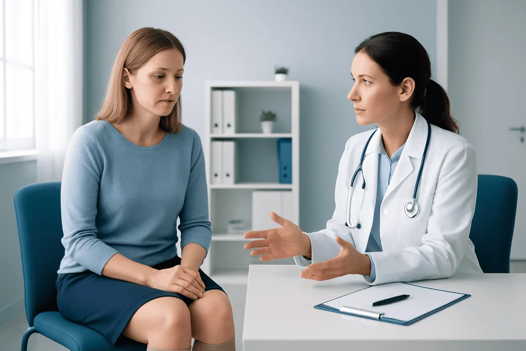 Doctor explaining varicose socks benefits to a patient in a clinic.