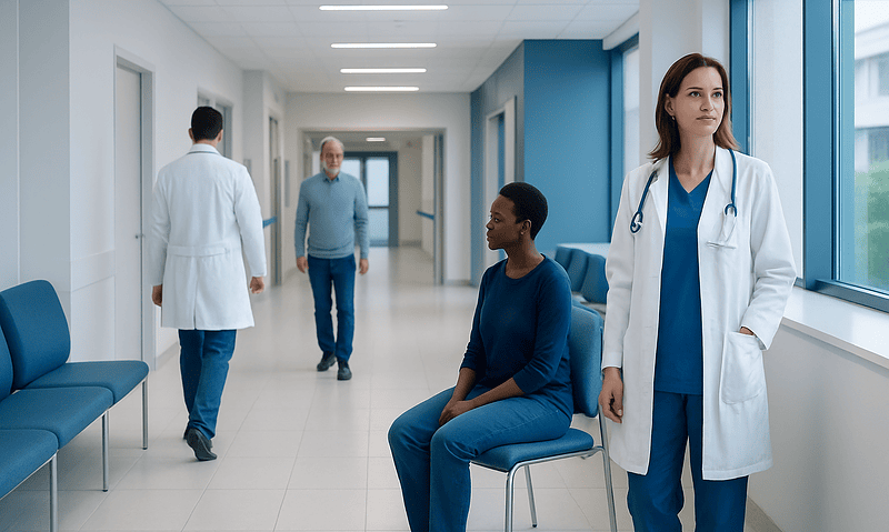 Medical professionals and patient in hospital corridor with large windows.
