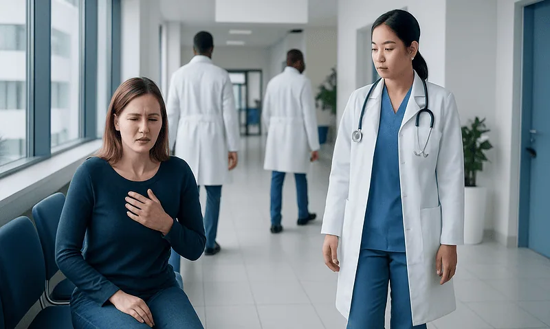 Patient experiencing chest pain in hospital corridor with medical staff nearby.