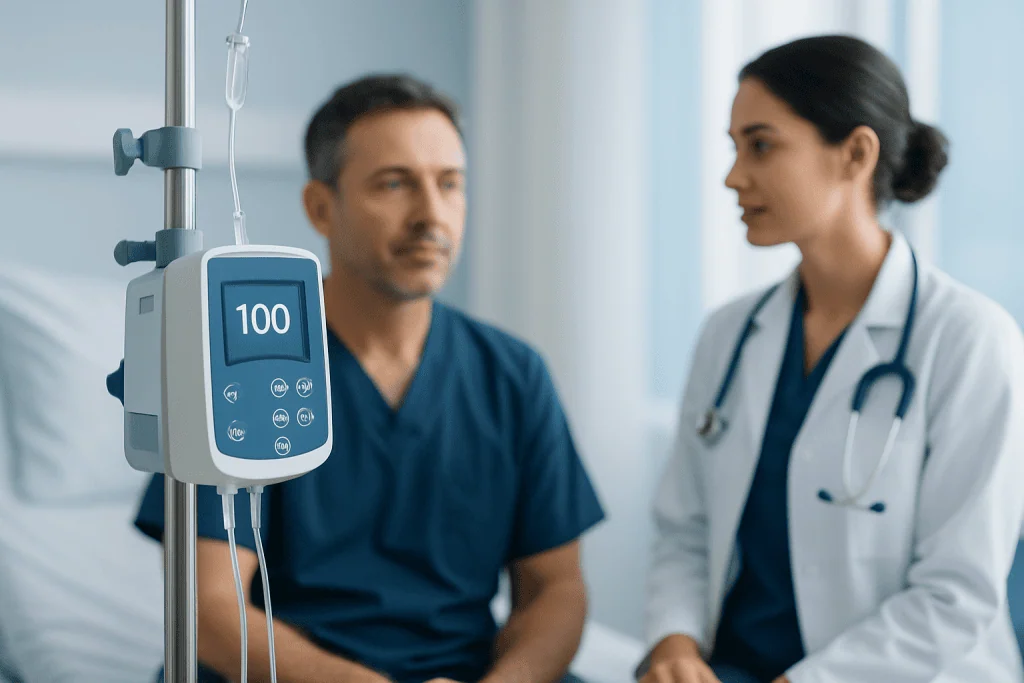 Doctor consulting patient in hospital room with IV drip and medical monitor.