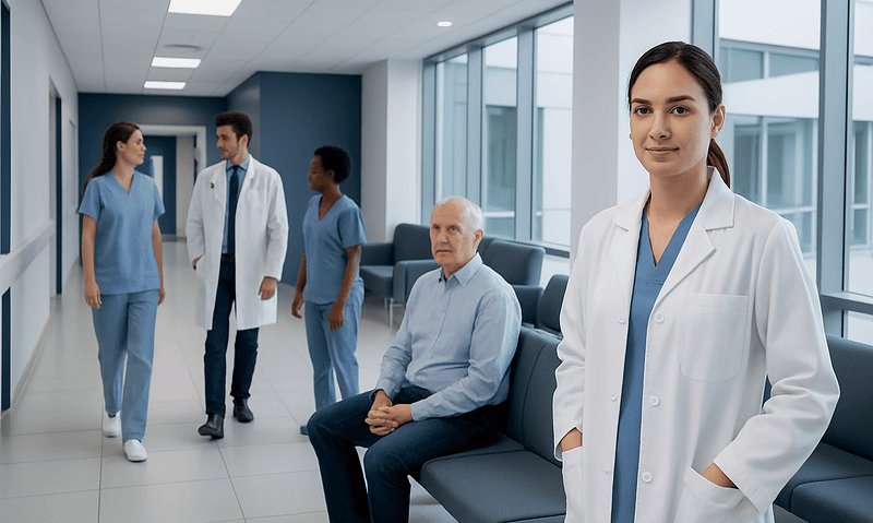 Healthcare professionals and patient in a modern hospital corridor.