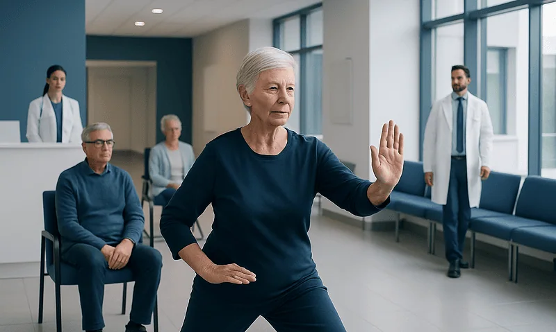Senior woman practicing Tai Chi in a hospital corridor with medical staff nearby.
