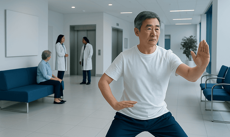 Senior man practicing Tai Chi in a hospital corridor for health and wellness.