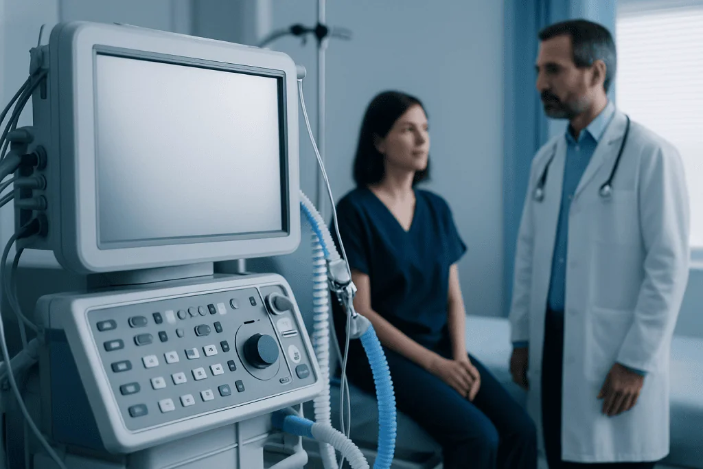 Medical consultation with a doctor and patient in a hospital room.