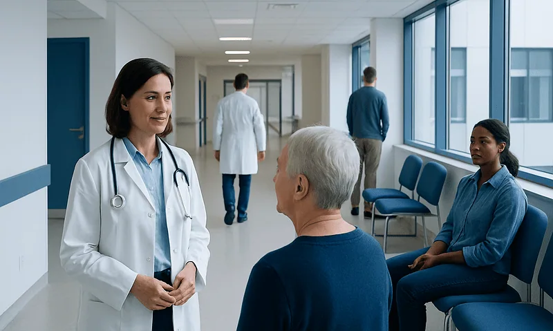 Doctor talking to elderly patient in hospital corridor with waiting area.