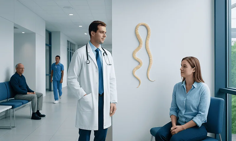 Doctor consulting patient in hospital corridor with worm model on wall.