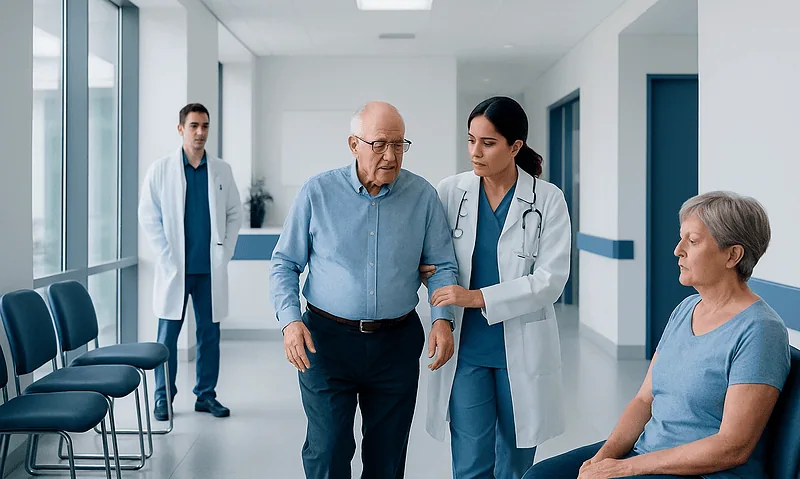 Doctor assisting elderly patient in hospital corridor with medical staff nearby.