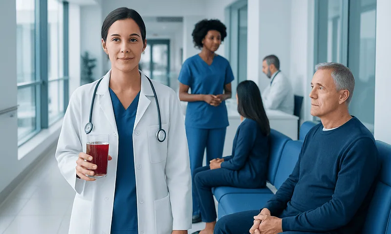 Healthcare professionals and patients in a modern hospital corridor.