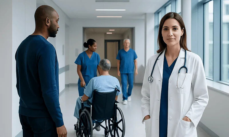 Medical team and patient in hospital corridor at Acibadem Hospitals Group.