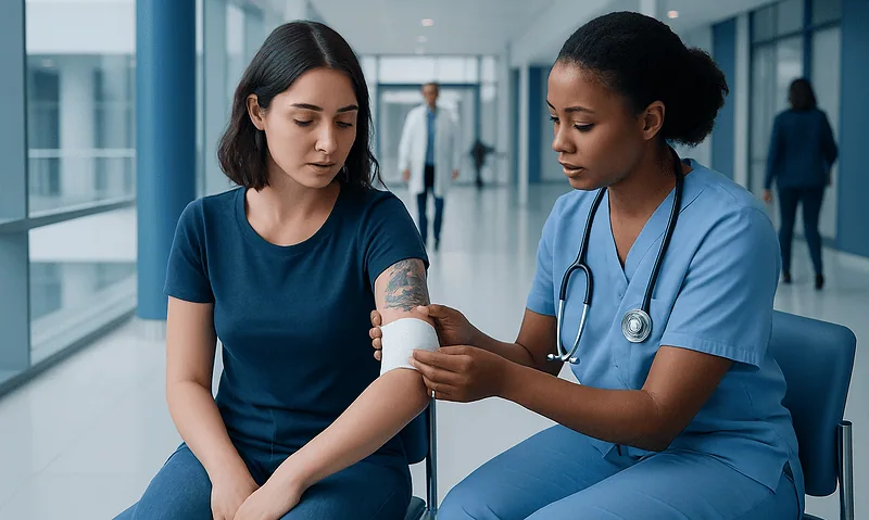 Nurse applying ointment to patient's arm in hospital corridor.
