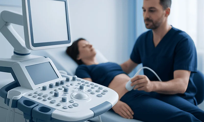 Medical professional performing an ultrasound on a patient in a hospital room.