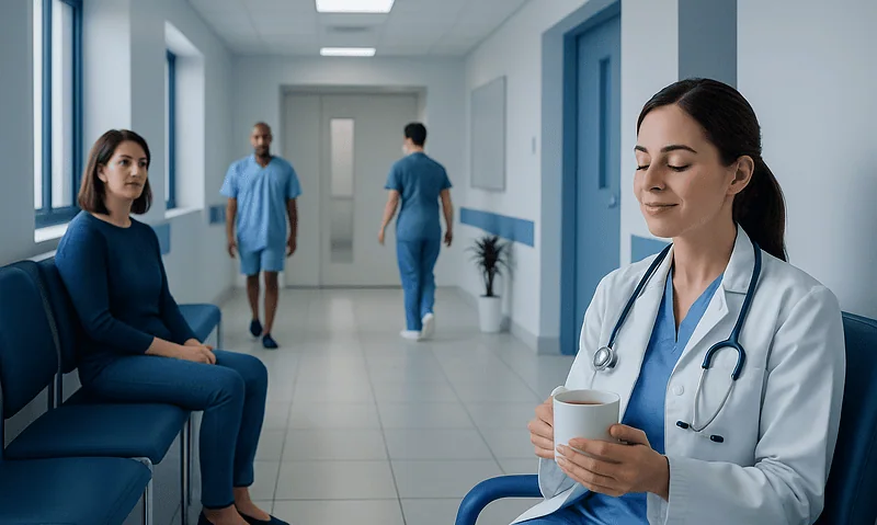 Healthcare professionals and a patient in a hospital corridor.