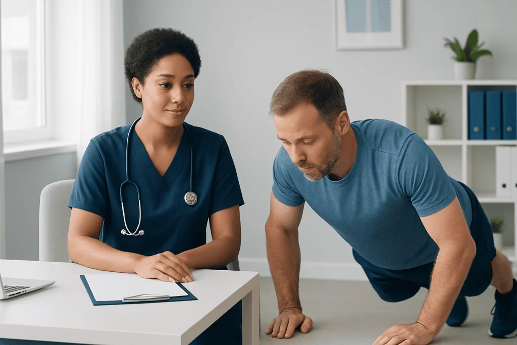 Medical consultation with a healthcare professional and a patient doing push-ups.