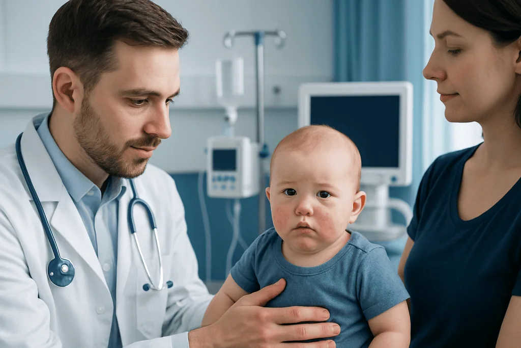 Pediatric consultation at Acibadem Hospital with doctor and mother holding a baby.