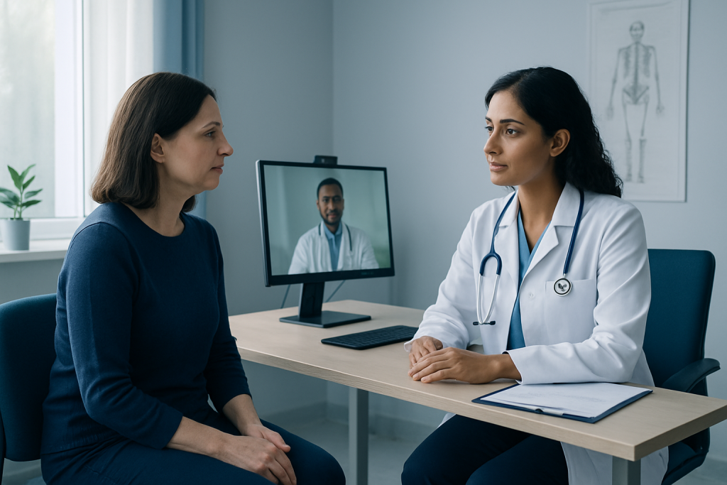 Doctor conducting a telehealth consultation with a patient in a medical office.