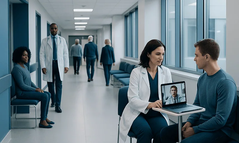 Doctor conducting telehealth consultation with patient in hospital corridor.