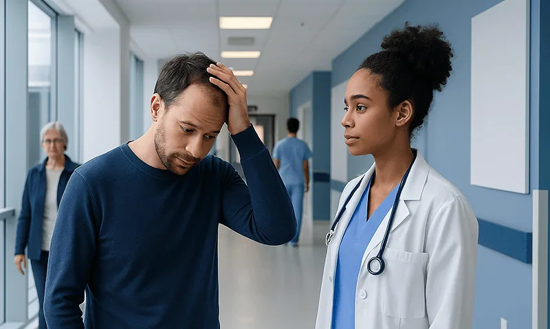 Man with hair loss consulting a doctor in hospital corridor.
