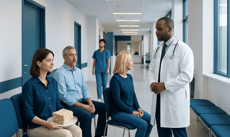 Doctor consulting patients in a hospital corridor with medical staff and visitors.