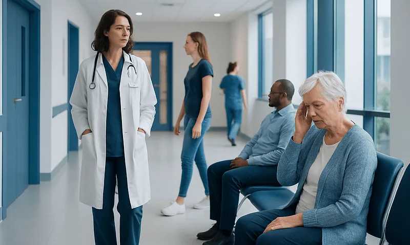 Doctor consulting elderly patient in hospital corridor.