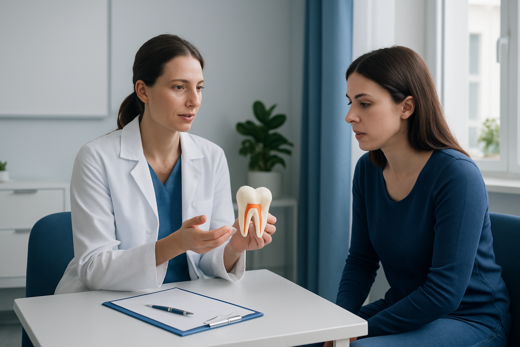 Dentist explaining dental filling to patient with tooth model in clinic.