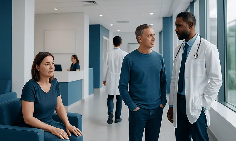 Doctor consulting with male patient in hospital corridor.