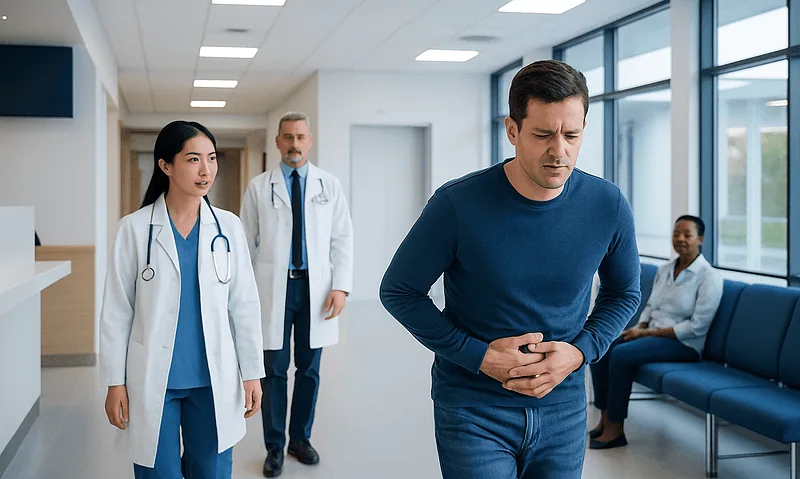 Man experiencing abdominal pain in hospital corridor with medical staff nearby.