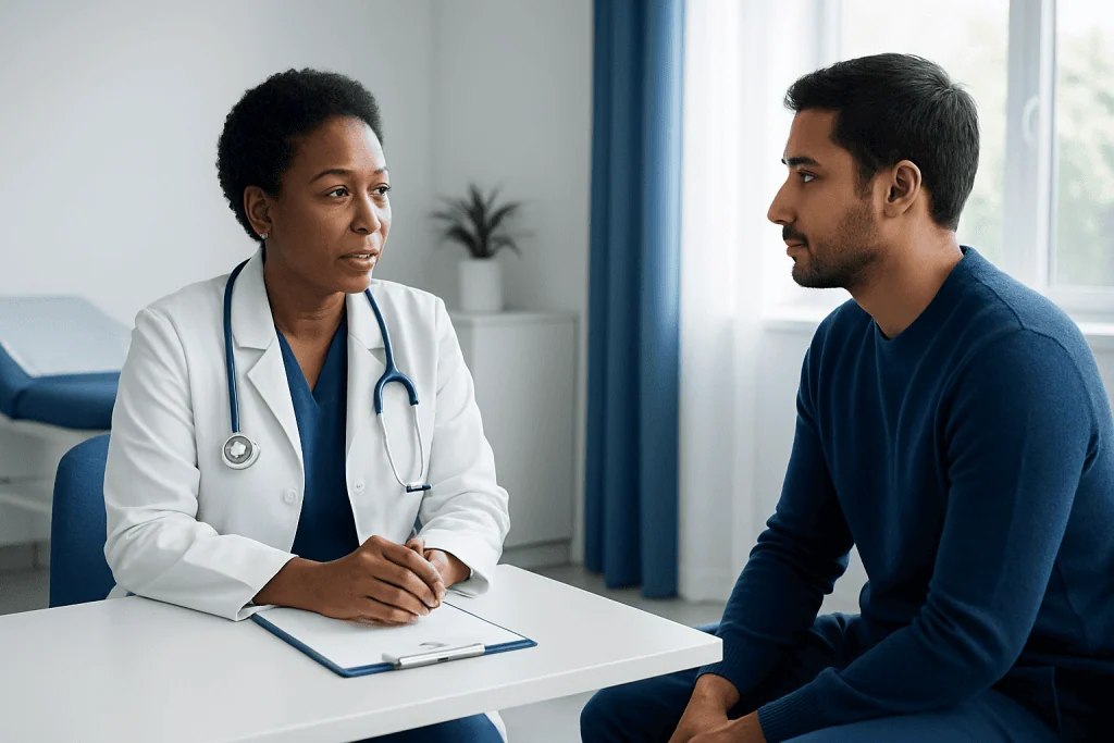 Doctor consulting with a male patient in a medical office.