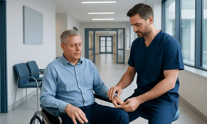 Doctor consulting with elderly patient in hospital corridor.