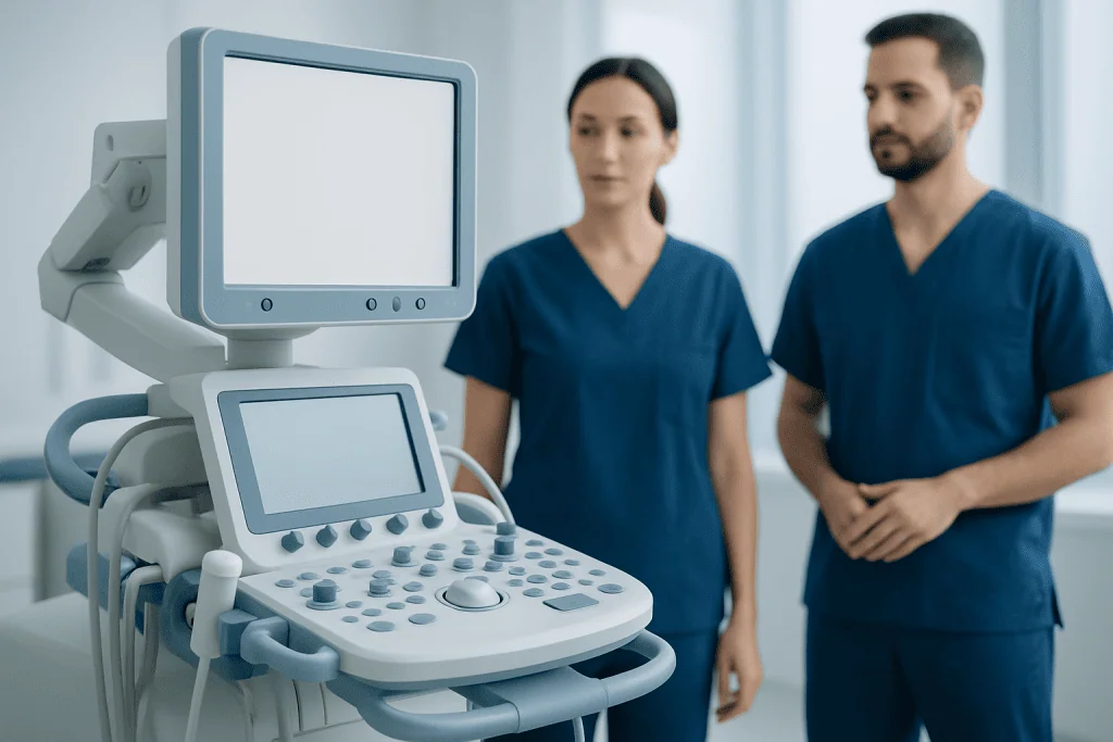 Medical professionals with ultrasound machine in hospital setting.
