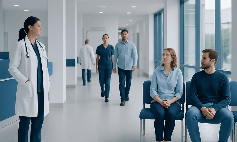 Medical consultation in hospital corridor with doctor and patients.