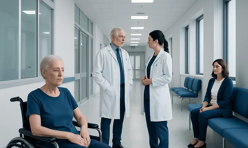 Medical consultation with elderly patient in hospital corridor.