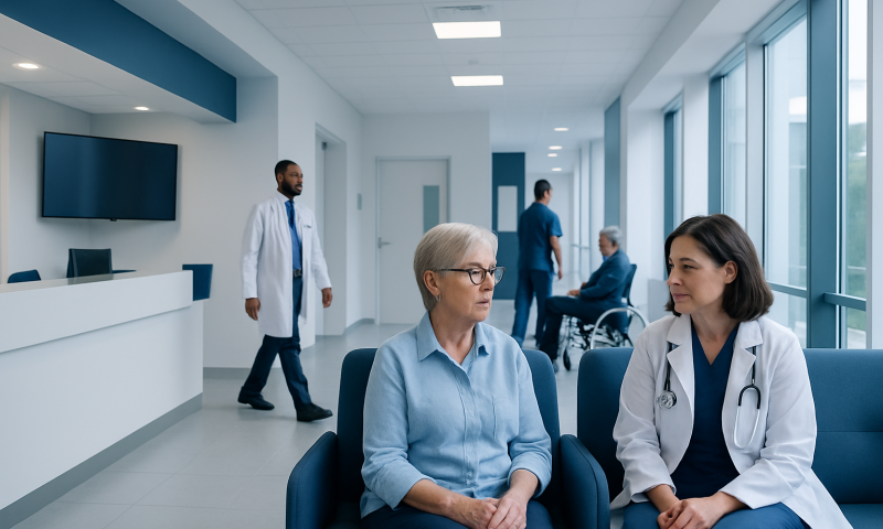 Medical consultation in a modern hospital with doctors and patients.
