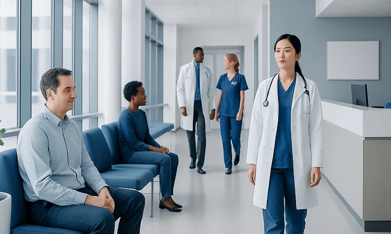 Medical professionals and patients in a modern hospital corridor.