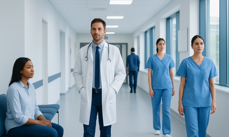 Medical team in hospital corridor with doctor and nurses.