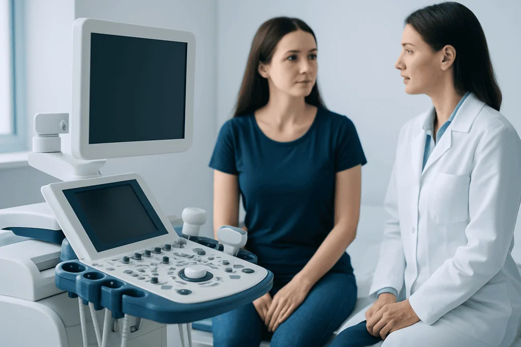 Medical consultation with ultrasound equipment at Acibadem Hospital.
