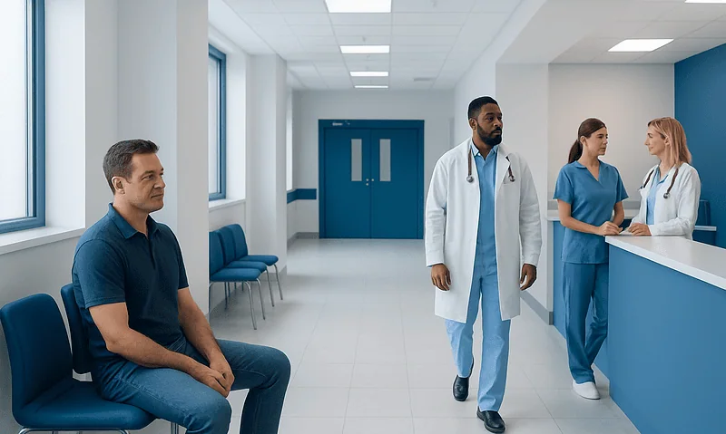 Patient waiting in a hospital corridor with medical staff nearby.