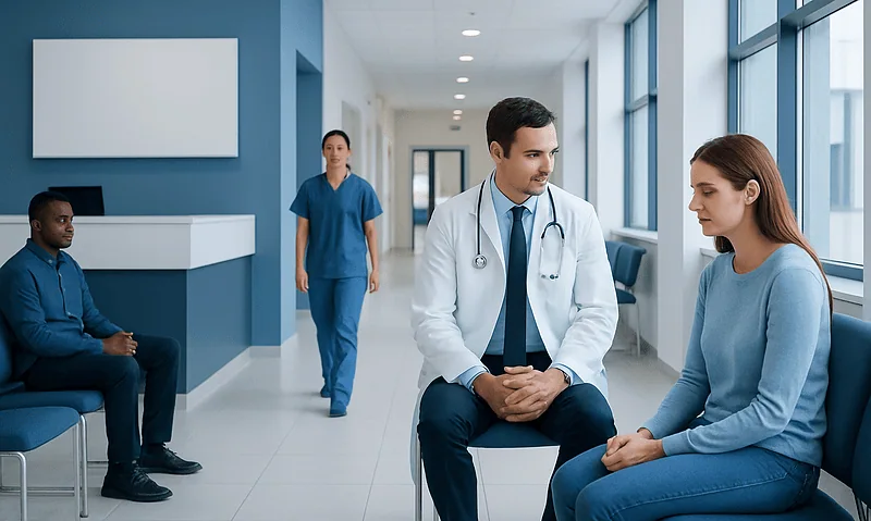 Doctor consulting patient in hospital corridor at Acibadem Hospitals Group.