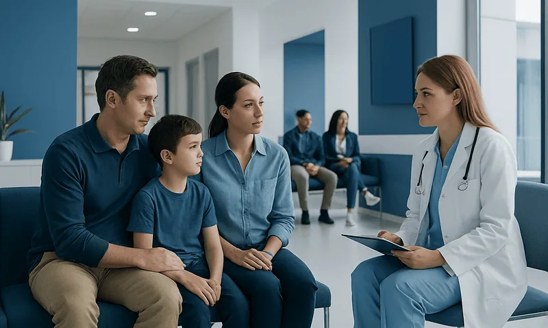 Doctor consulting with a family in a hospital waiting area.