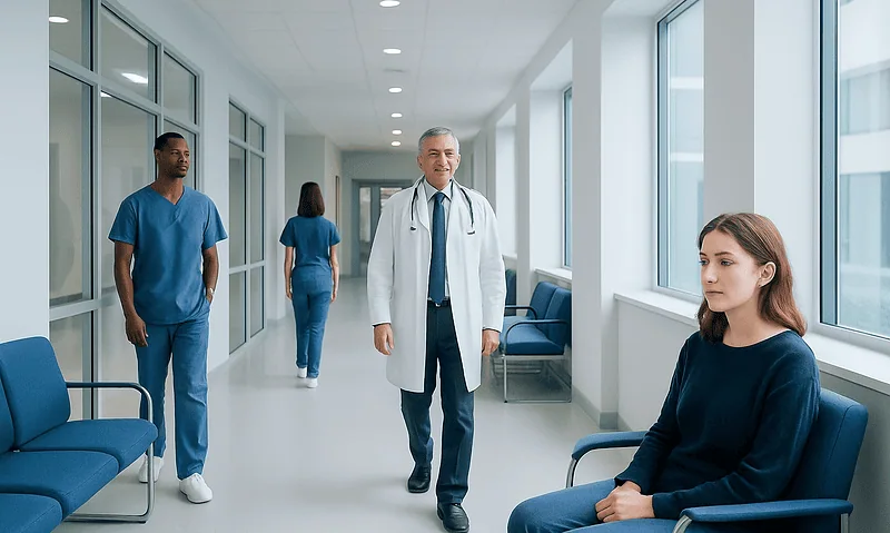Medical team and patient in hospital corridor at Acibadem Hospitals Group.
