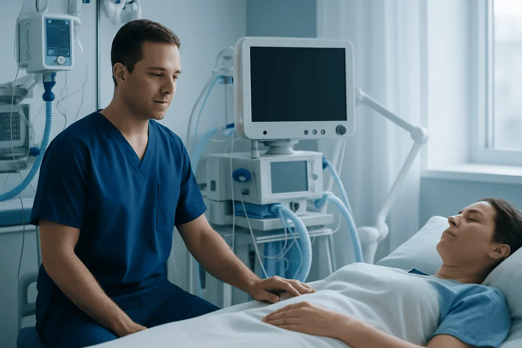 Compassionate doctor attending to a patient in a hospital room.