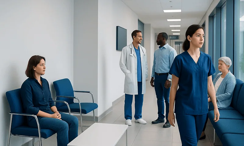 Hospital corridor with medical staff and patients waiting.