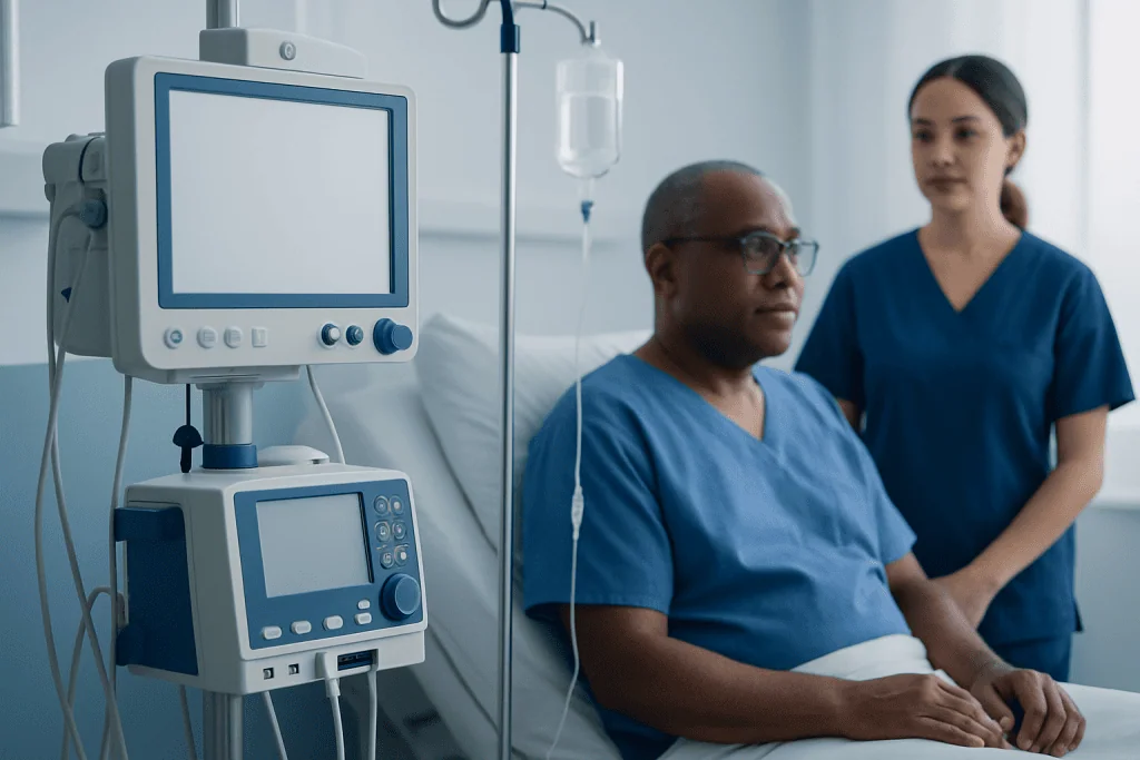 Hospital patient in bed with medical monitor and nurse in background.