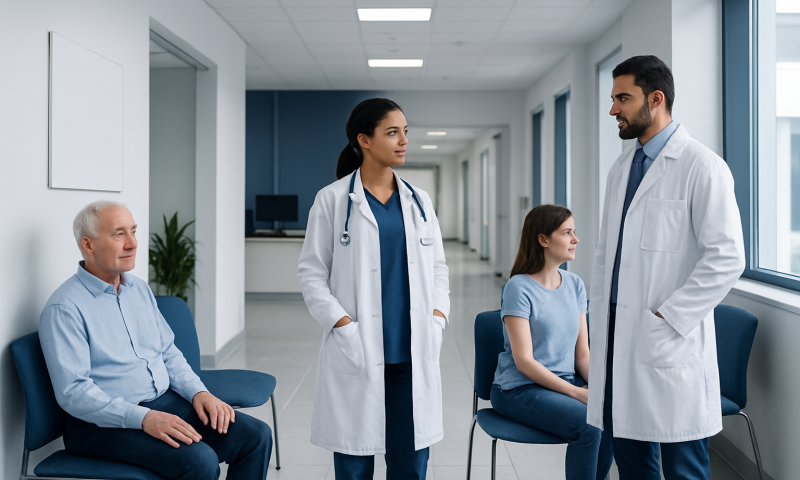 Medical consultation in a hospital corridor with doctors and a patient.