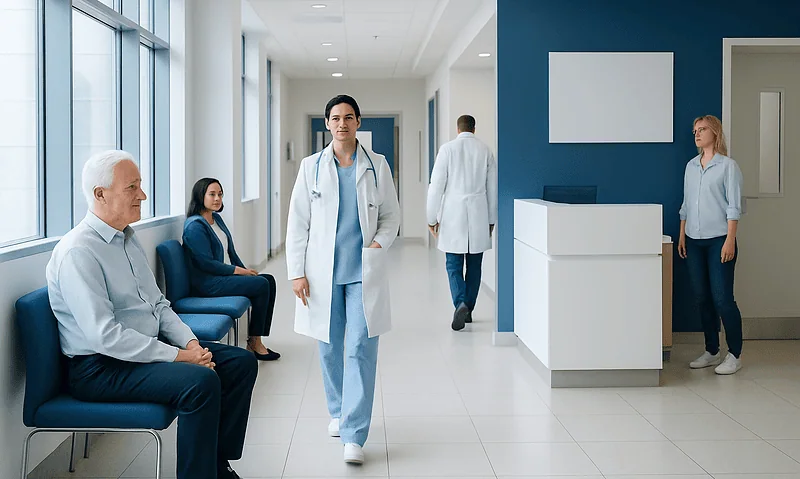 Medical staff and patients in a modern hospital corridor.