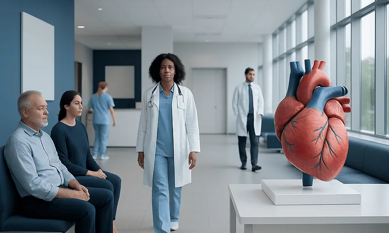 Medical team and patient in hospital corridor with heart model for cardiovascular care.