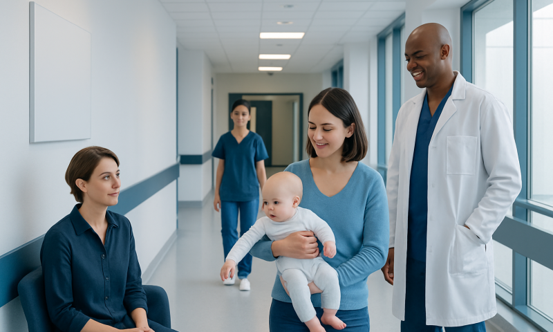Happy mother with baby talking to doctor in hospital corridor.